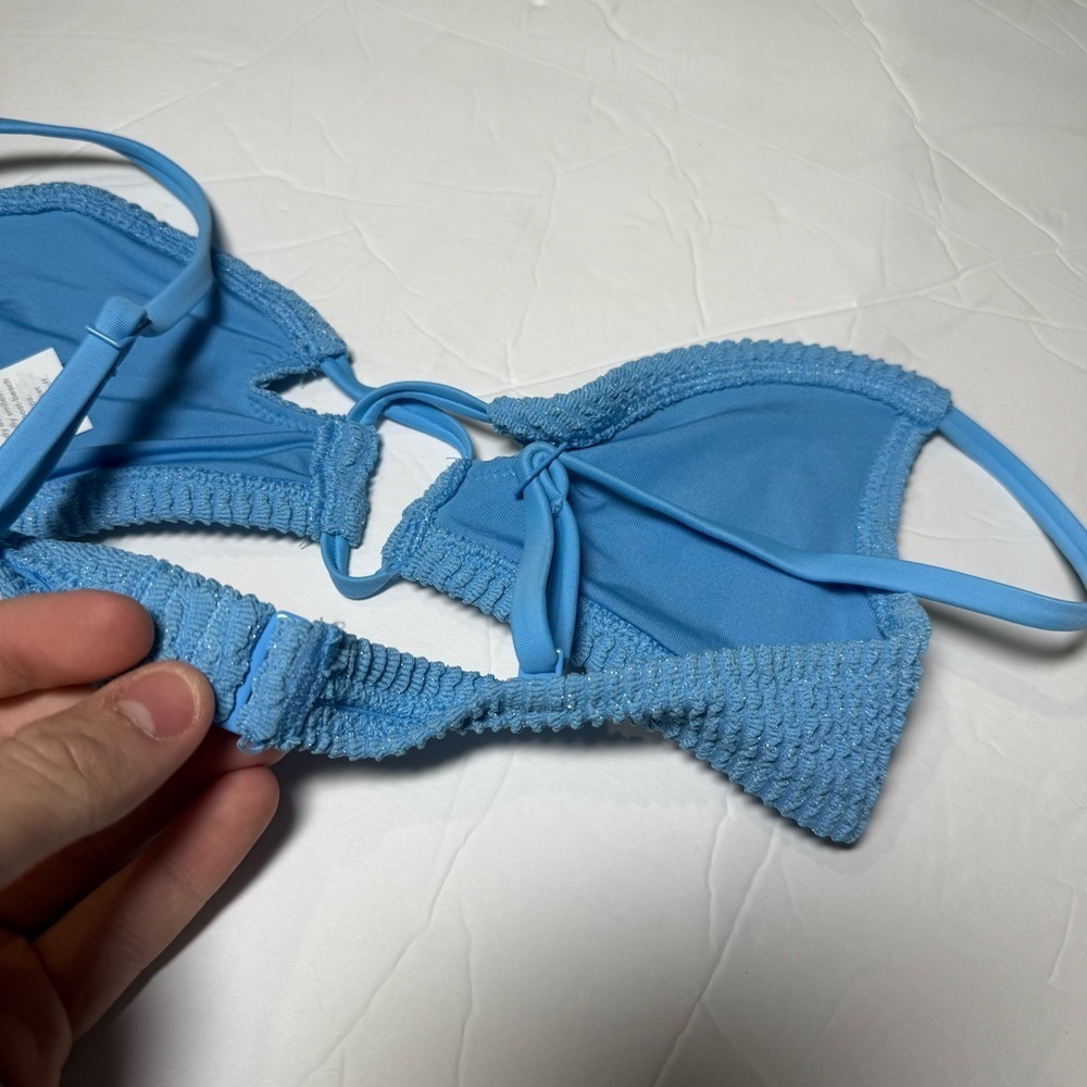 Aerie Shimmery Crinkle Lace Up Scoop Bikini Top XXS Blue NWT UPF 50 PROTECTION - Picture 7 of 10
